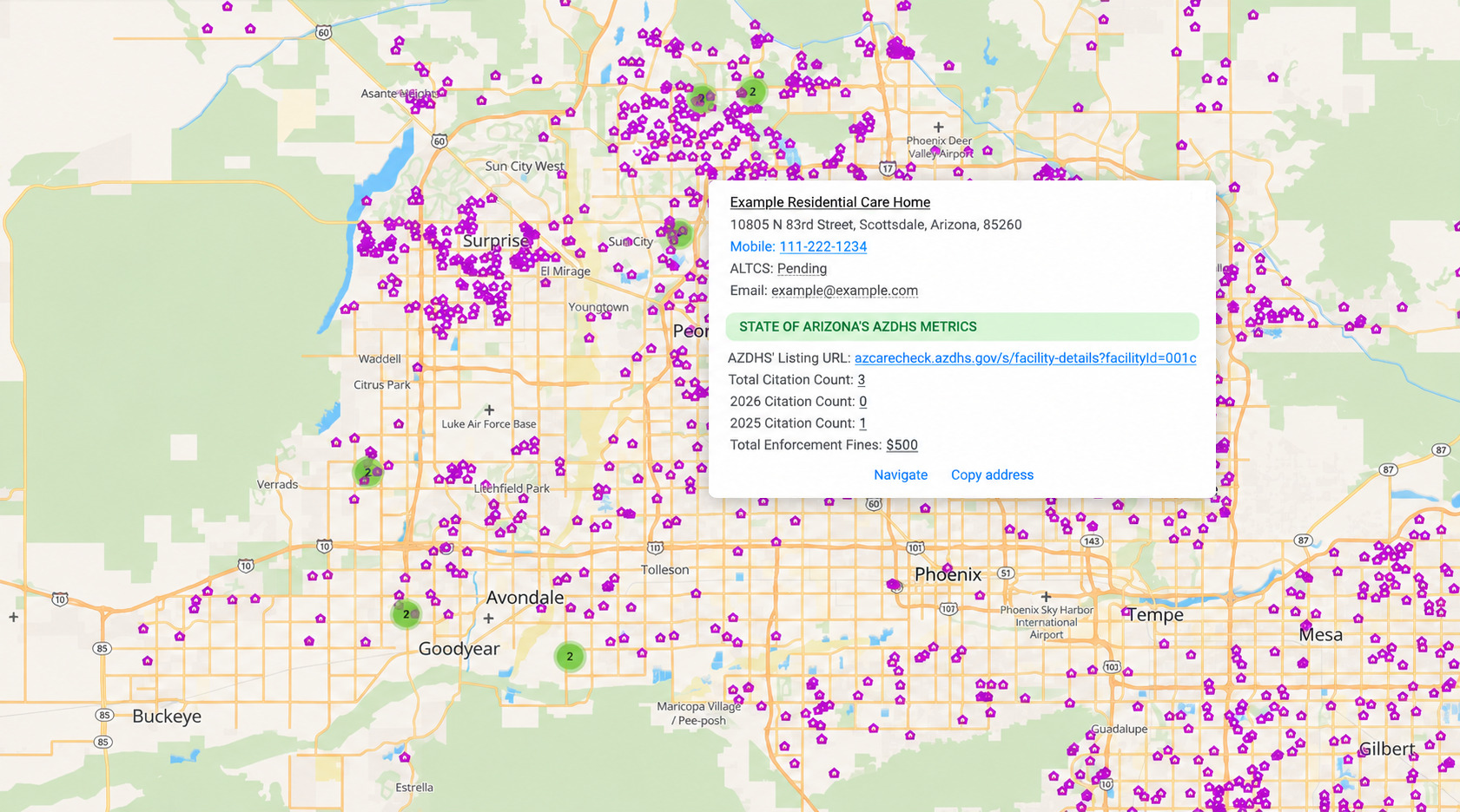 A residential care home selected on the ElderLogic map, with its details open: address, mobile number, ALTCS status, email, and a block of state metrics holding a link to the home’s AZDHS listing, its citation counts for this year, for last year and in total, and its total enforcement fines.