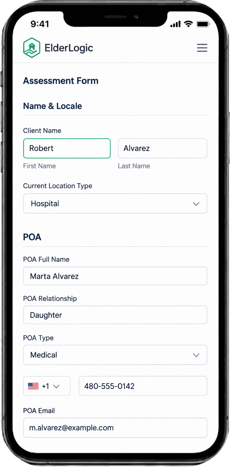 The ElderLogic assessment form on a phone: client name, current location type, and power of attorney details.