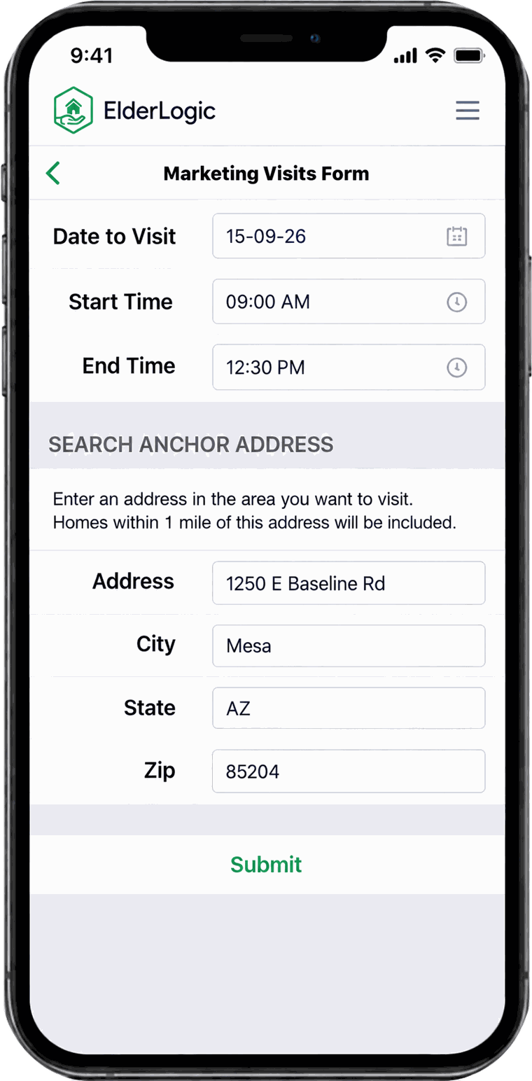 The Marketing Visits Form on a phone: date to visit, start and end time, and the address whose area to work.